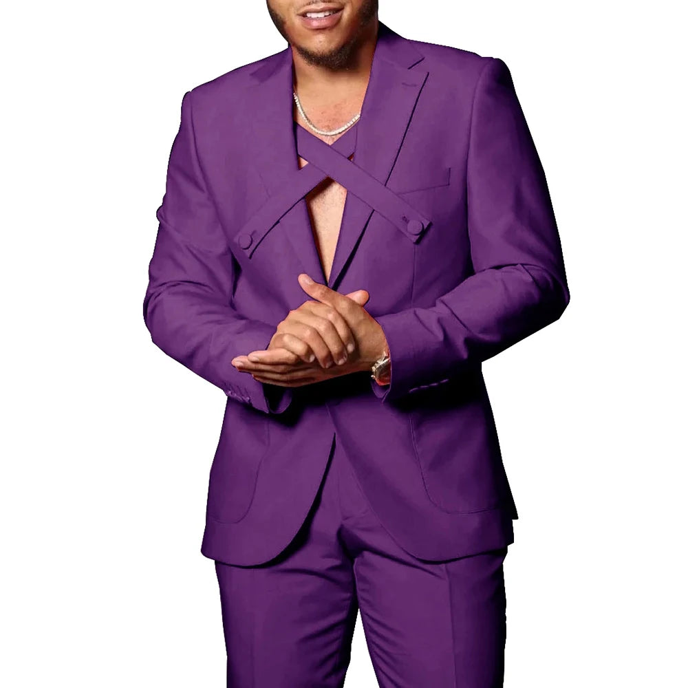 Men's Coral Fashion Suit with Unique Cross Strap Design Two-Piece Outfit