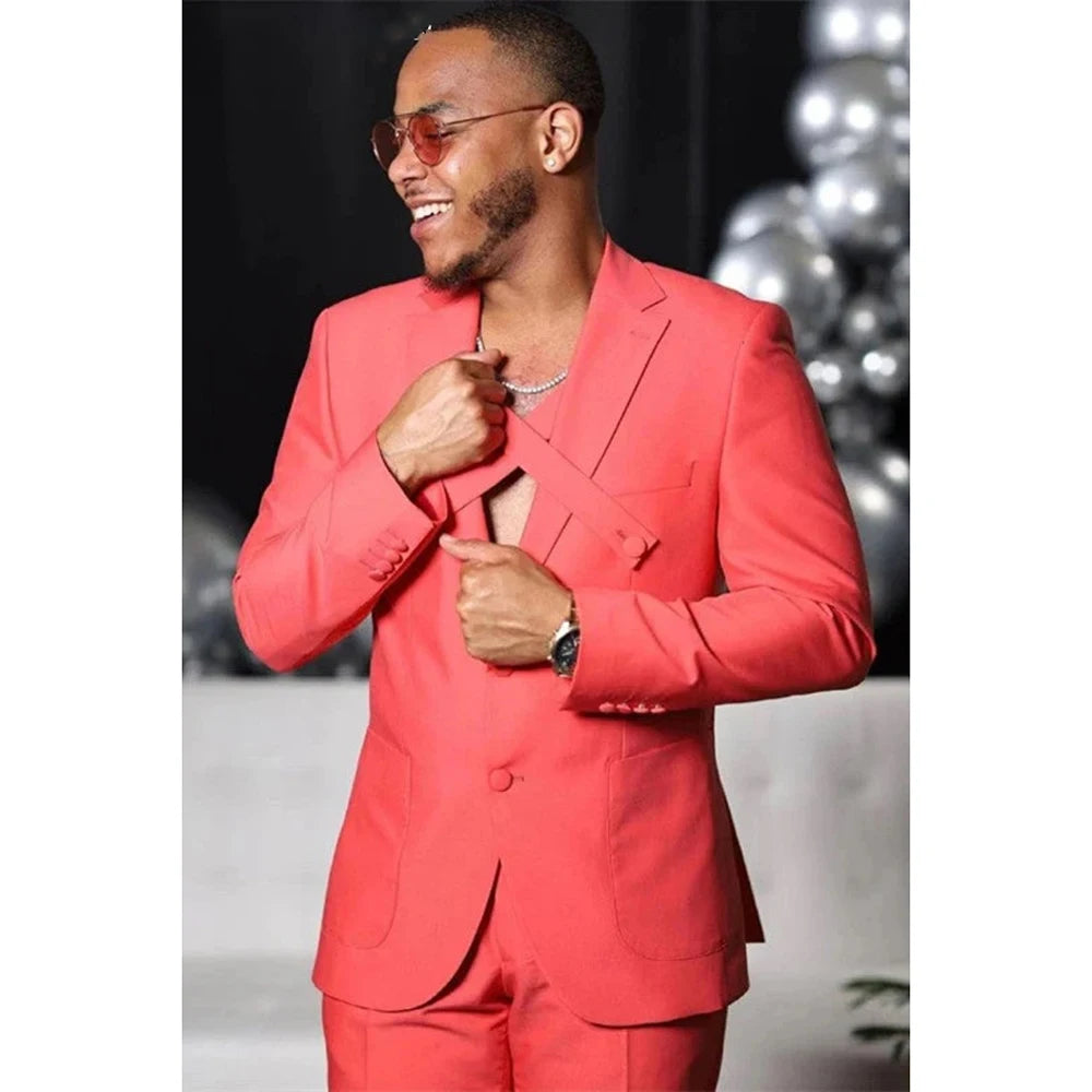 Men's Coral Fashion Suit with Unique Cross Strap Design Two-Piece Outfit