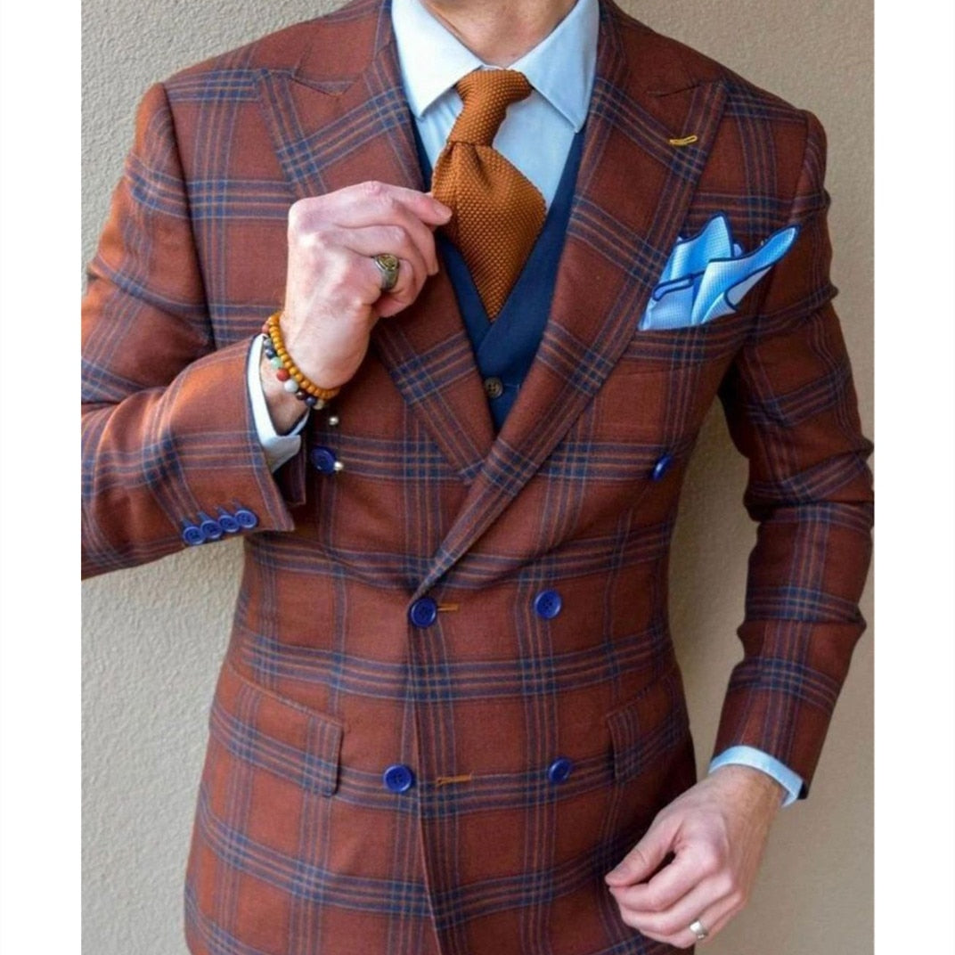 Costume homme 3 pièces blazer gilet pantalon smoking croisé mode carreaux rayures affaires moderne mariage marié 
