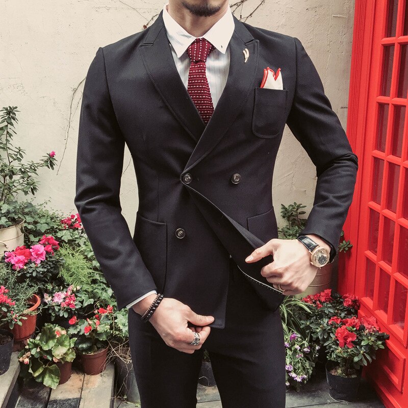 Trajes de boda para hombre, corte entallado, abrigo azul de un solo botón y pantalón negro, 2 piezas 