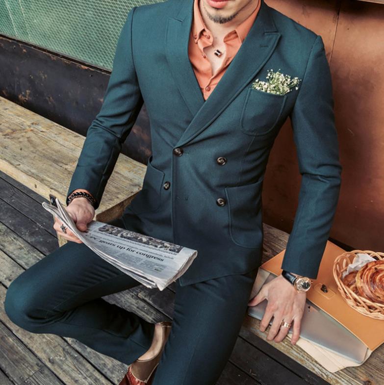 Trajes de boda para hombre, corte entallado, abrigo azul de un solo botón y pantalón negro, 2 piezas 