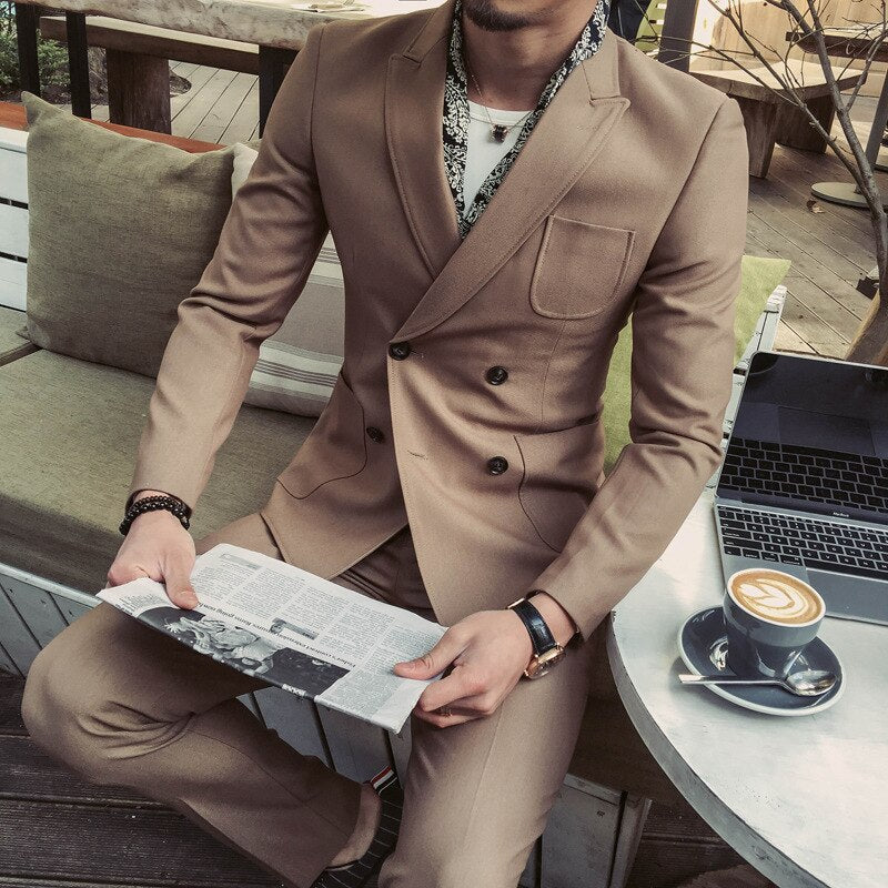 Trajes de boda para hombre, corte entallado, abrigo azul de un solo botón y pantalón negro, 2 piezas 