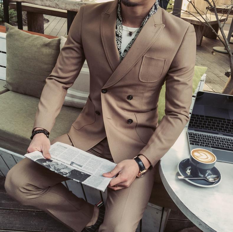 Trajes de boda para hombre, corte entallado, abrigo azul de un solo botón y pantalón negro, 2 piezas 