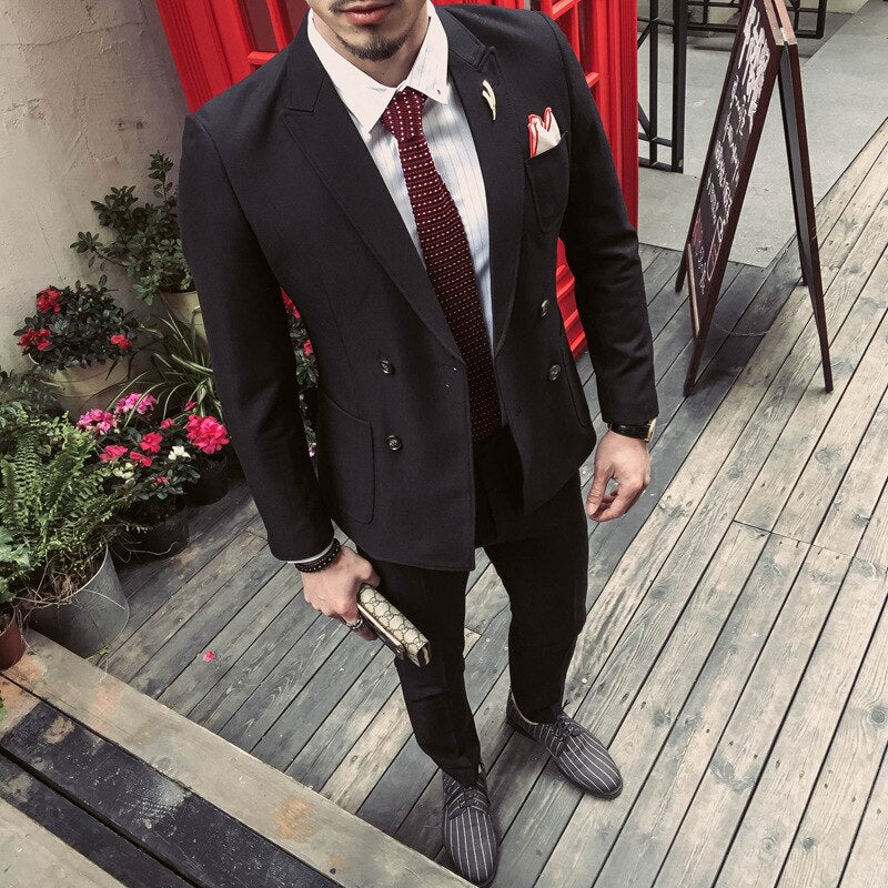 Trajes de boda para hombre, corte entallado, abrigo azul de un solo botón y pantalón negro, 2 piezas 