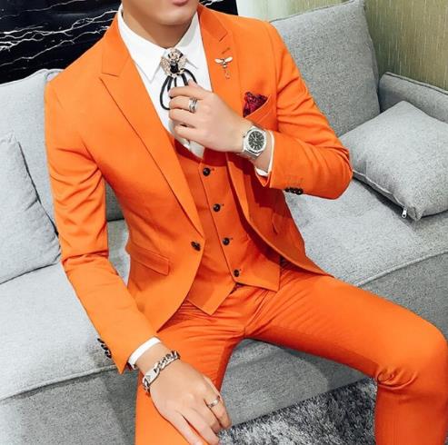 Costume de soirée de mariage orange, coupe slim, 3 pièces (veste, pantalon, gilet) 