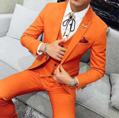 Costume de soirée de mariage orange, coupe slim, 3 pièces (veste, pantalon, gilet) 