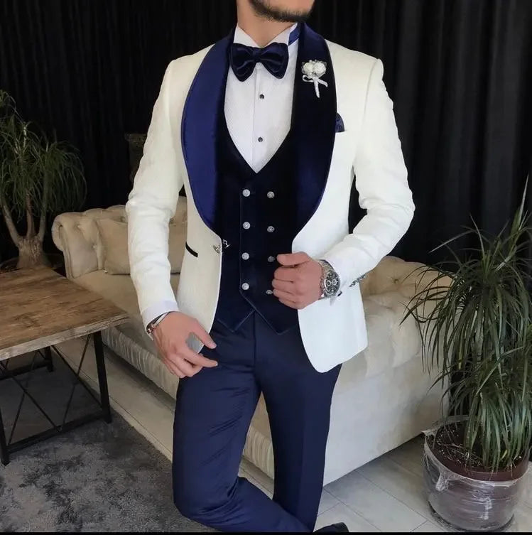 White Paisley Jacquard Party Blazer Sets Men Suits Groom Tuxedos Wedding 3 Pieces