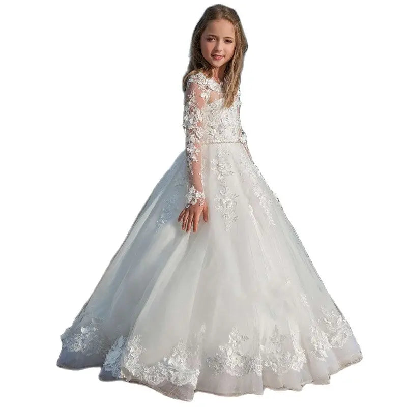 Girls Lace Long Sleeve A-Line Floor-Length Wedding Dress with Floral Embroidery