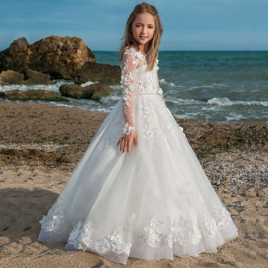 Girls Lace Long Sleeve A-Line Floor-Length Wedding Dress with Floral Embroidery