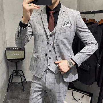 New (Blazer+ Vest + Pants) Men's Fashion Gentleman Business Casual Trend British Style Wedding Slim-fit Plaid Host Dress Suit