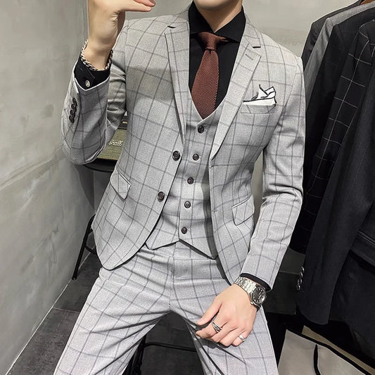 New (Blazer+ Vest + Pants) Men's Fashion Gentleman Business Casual Trend British Style Wedding Slim-fit Plaid Host Dress Suit