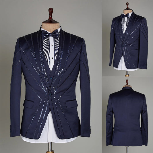Trajes de boda azules para hombre con lentejuelas, hechos a medida, para negocios, novios, 2 piezas, abrigo, chaleco, ocasiones formales, fiesta, cantante, disfraz hecho a medida. 