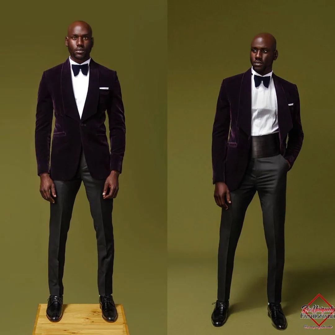 Costume boyfriend pour homme, ensemble blazer de mariage complet en velours violet foncé, coupe slim, décontracté, 2 pièces, queue-de-pie personnalisé 