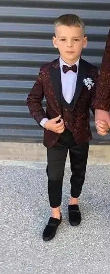 Costume de marié bordeaux pour garçon, coupe slim, revers pointus, blazer formel, costume de bal pour enfant (veste + pantalon)