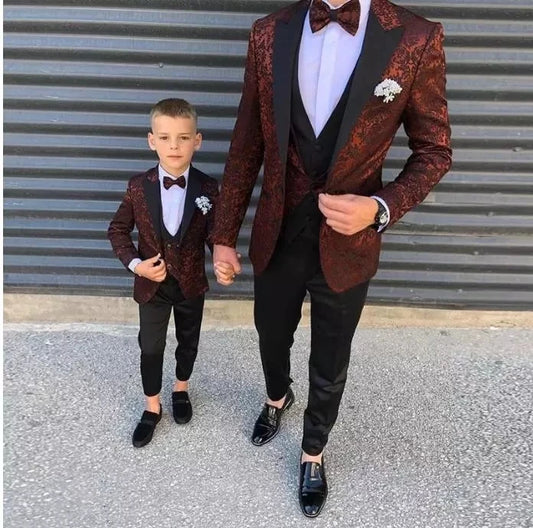New Burgundy Pattern Boy Mens Suits Slim Fit Wedding Grooms Tuxedos Peaked Lapel Formal Blazer Kid Prom Suit (Jacket+Pants