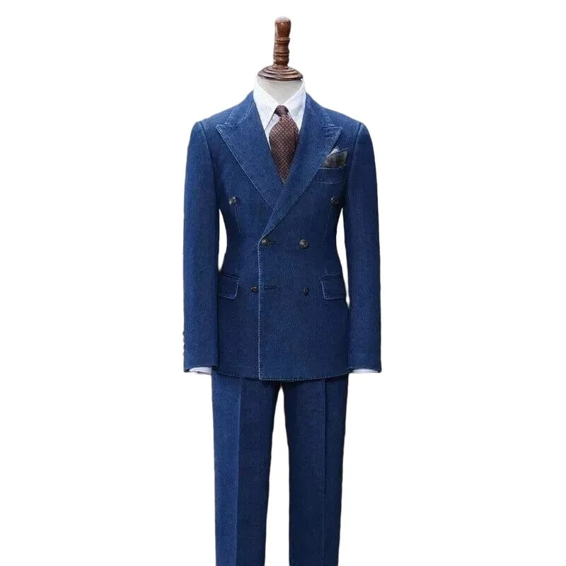 Costume homme décontracté en denim bleu Oxford, ensemble 2 pièces veste et pantalon, coupe slim, pour mariage, bal de promo 
