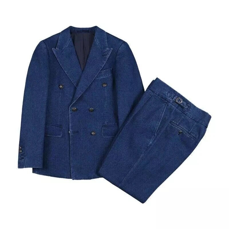 Men's Casual Blue Denim Oxford Slim Fit 2-Piece Suit for Wedding, Prom & Groom (Jacket, Pants)