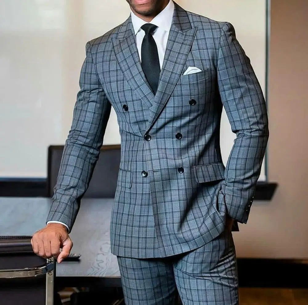 Esmoquin clásico a cuadros para hombre, para boda, con doble botonadura y solapa de pico, ideal para negocios, fiestas de graduación, traje de 2 piezas