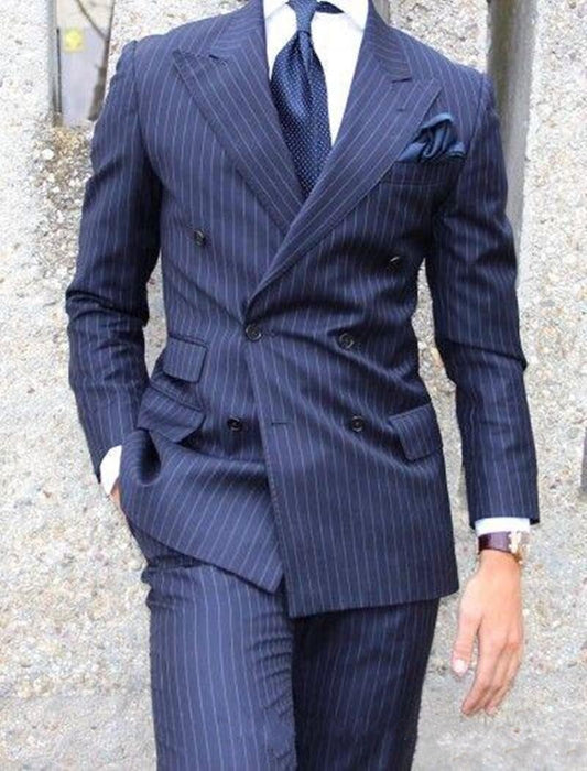 Blue Stripe Groom Tuxedos Groomsmen Best Man Suit Men Wedding Suits Bridegroom (Jacket+Pants+Tie)
