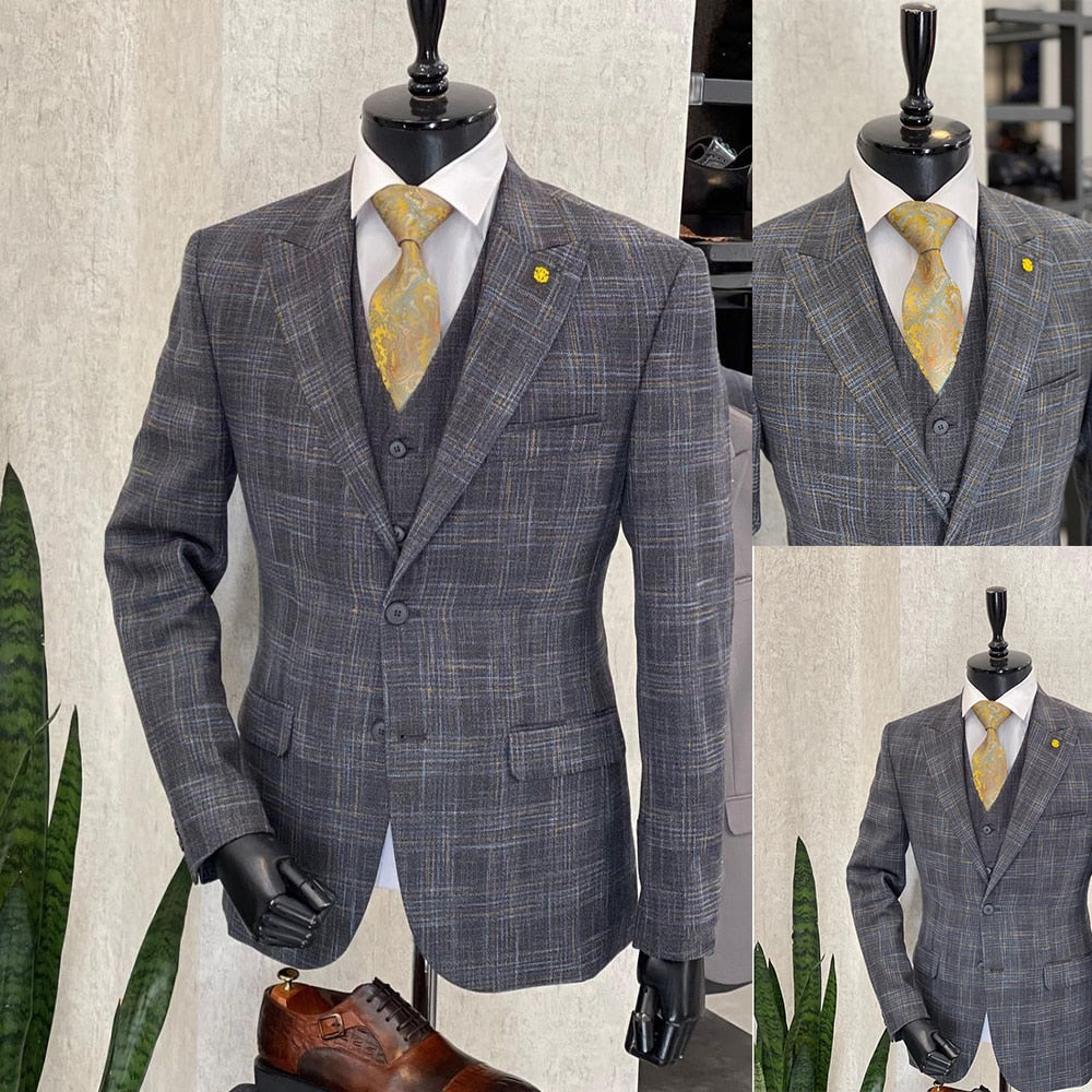 Nouveaux costumes de mariage classiques à rayures pour hommes, col à fermeture, smokings slim fit pour hommes, costume d'occasion de haute qualité fabriqué