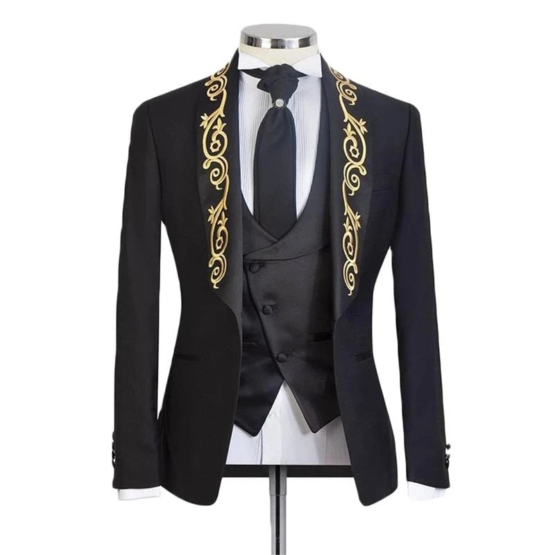 Costume 3 pièces noir pour homme, avec appliques dorées, smoking de mariage, coupe slim, blazer de bal 