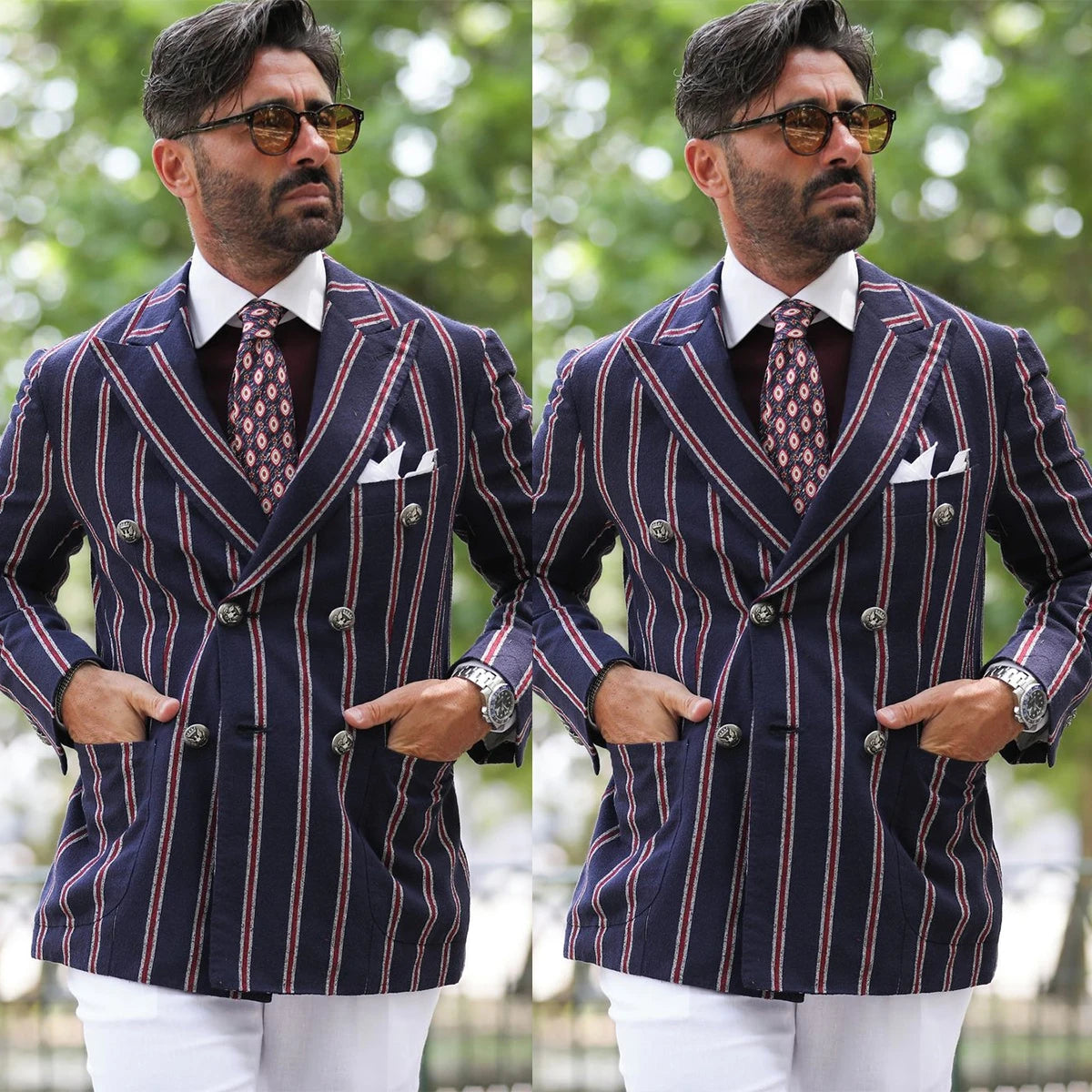 Ensemble blazer croisé élégant pour homme avec pantalon blanc, costume rayé sur mesure pour événements professionnels et mariages, grande taille disponible