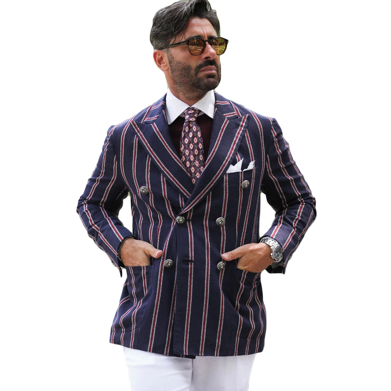Ensemble blazer croisé élégant pour homme avec pantalon blanc, costume rayé sur mesure pour événements professionnels et mariages, grande taille disponible
