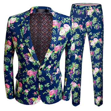 New Design Men's  Pink Floral suits Stage Singer Wedding Groom Tuxedo Costume Men's Blue Wedding Suit High Quality Prom Dress