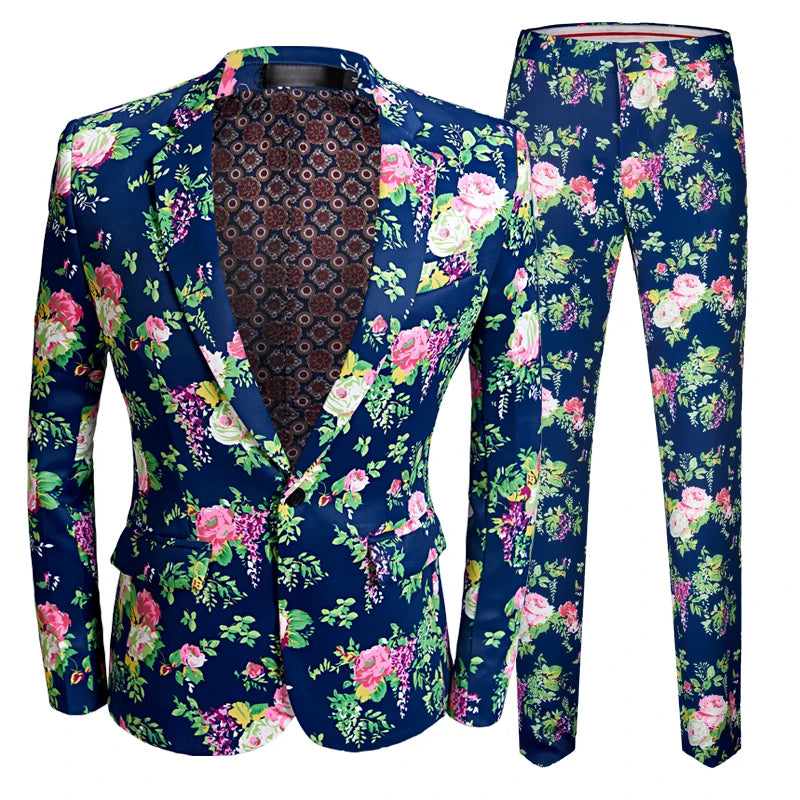 New Design Men's  Pink Floral suits Stage Singer Wedding Groom Tuxedo Costume Men's Blue Wedding Suit Prom Dress