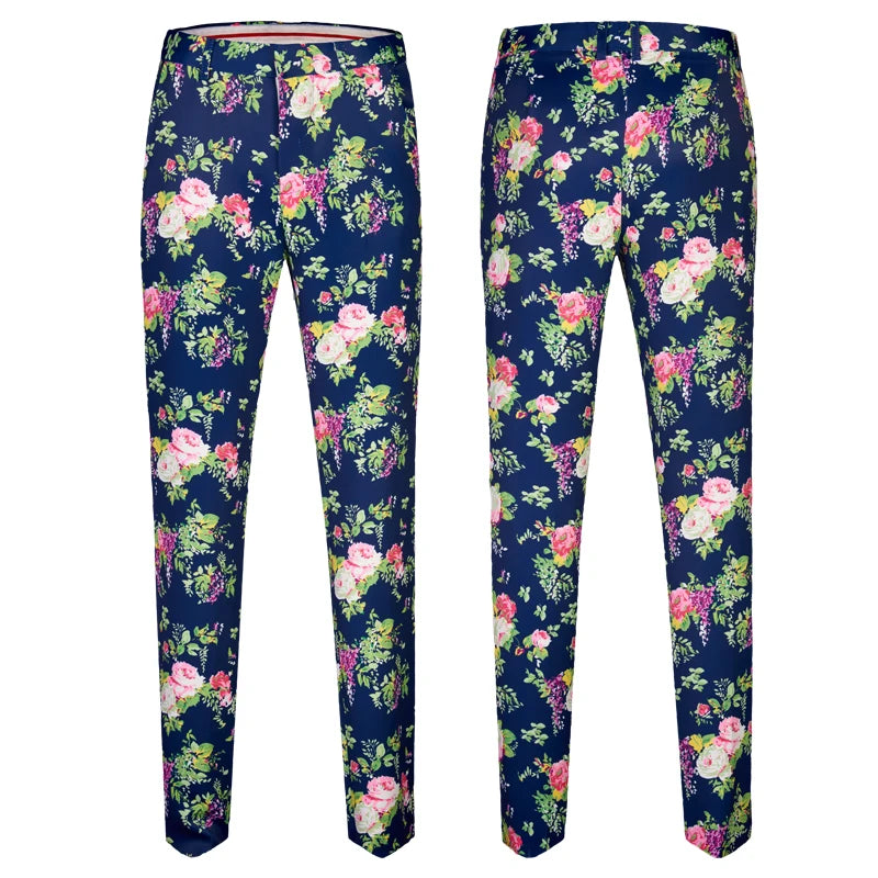New Design Men's  Pink Floral suits Stage Singer Wedding Groom Tuxedo Costume Men's Blue Wedding Suit Prom Dress