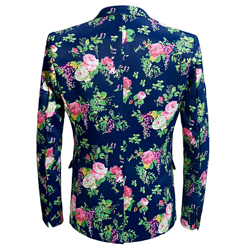 New Design Men's  Pink Floral suits Stage Singer Wedding Groom Tuxedo Costume Men's Blue Wedding Suit Prom Dress