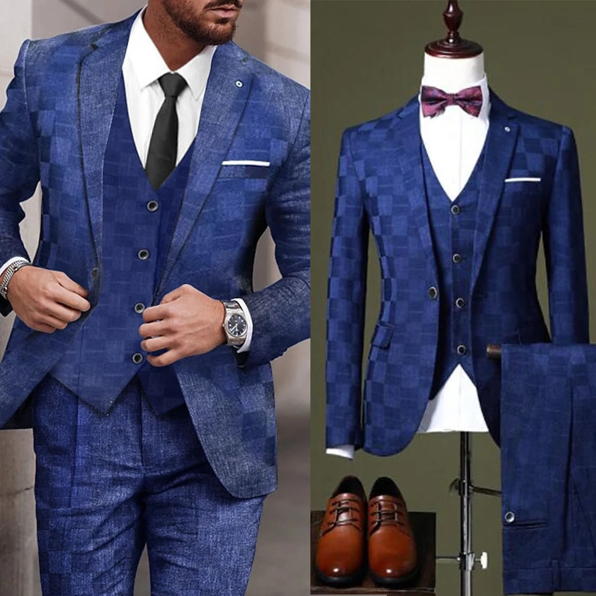 New Design Men's Suit 3Pieces Blazer Vest Pants Bow Collar Single Breasted Buckle Work Wear Bussiness Wedding Costume