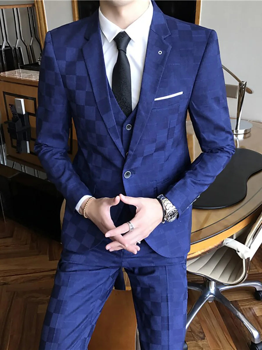 New Design Men's Suit 3Pieces Blazer Vest Pants Bow Collar Single Breasted Buckle Work Wear Bussiness Wedding Costume