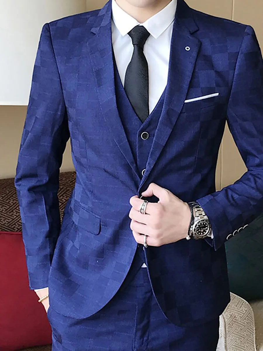 New Design Men's Suit 3Pieces Blazer Vest Pants Bow Collar Single Breasted Buckle Work Wear Bussiness Wedding Costume