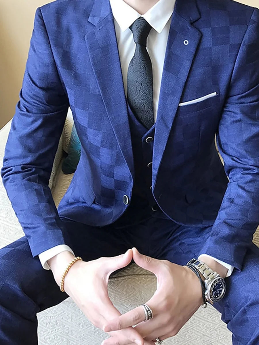 New Design Men's Suit 3Pieces Blazer Vest Pants Bow Collar Single Breasted Buckle Work Wear Bussiness Wedding Costume