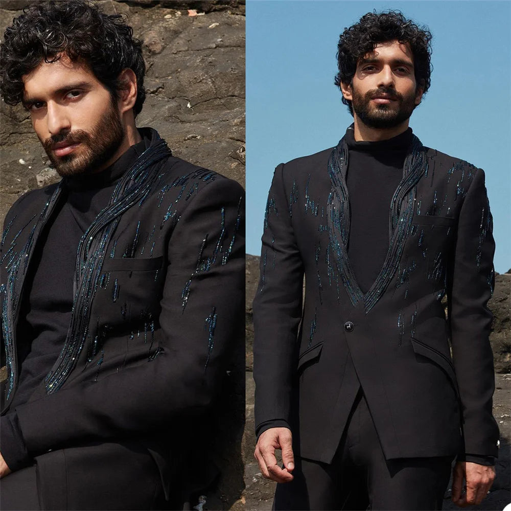 Ensemble 2 pièces pour homme, smoking sur mesure, col châle, un bouton, blazer, mode, fête, mariage, bal de promo, poche