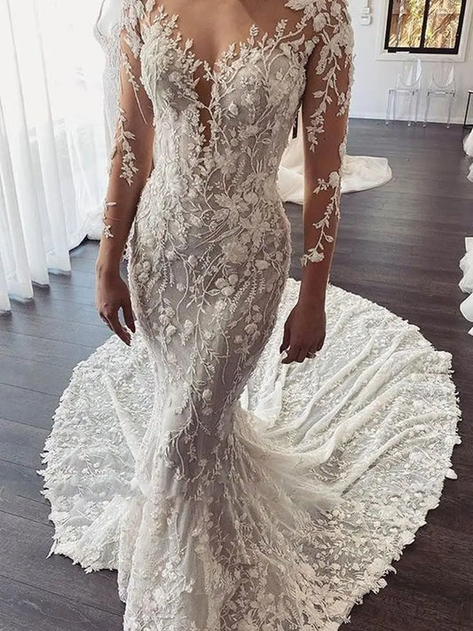 Superbe robe de mariée sirène avec tulle illusion, appliqués en dentelle et détails en perles – Robe de mariée élégante à manches longues pour une cérémonie de rêve