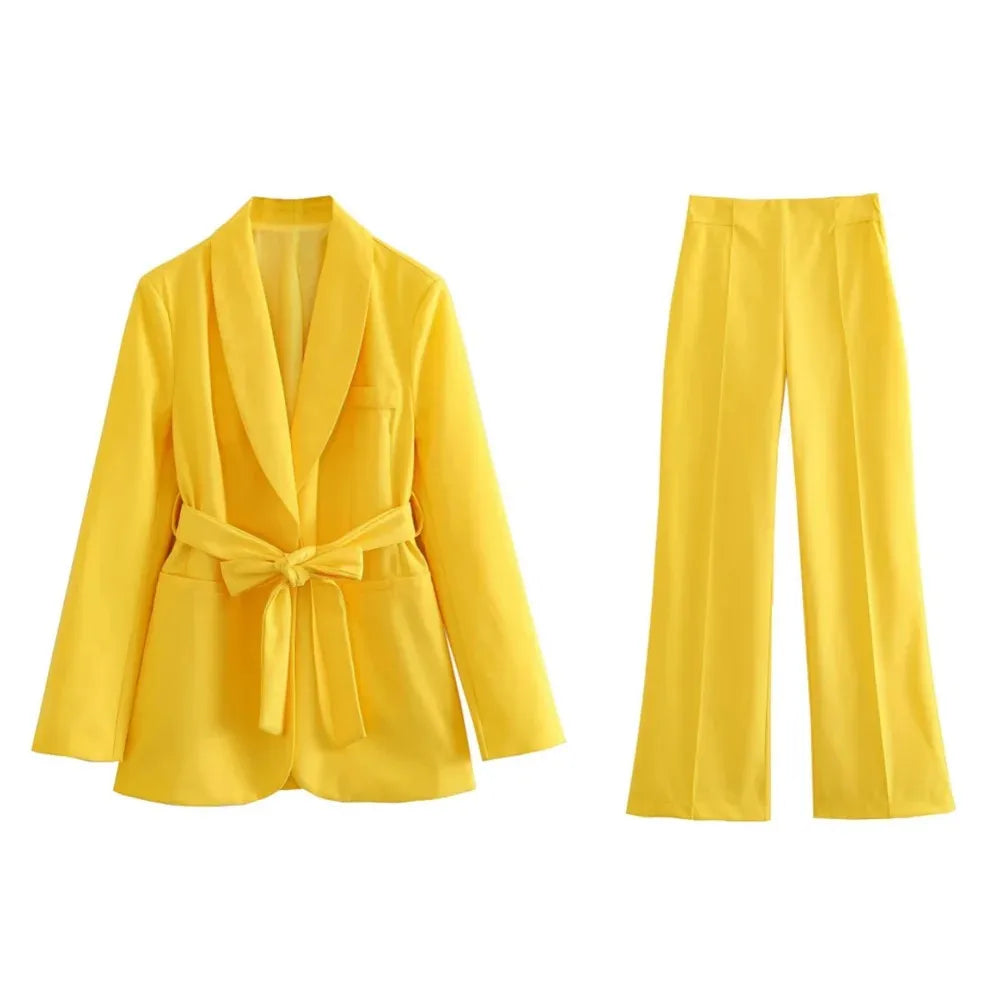Conjunto de 2 piezas de blazer holgado y elegante para mujer, pantalón de cintura alta, color liso, informal, con cordones 