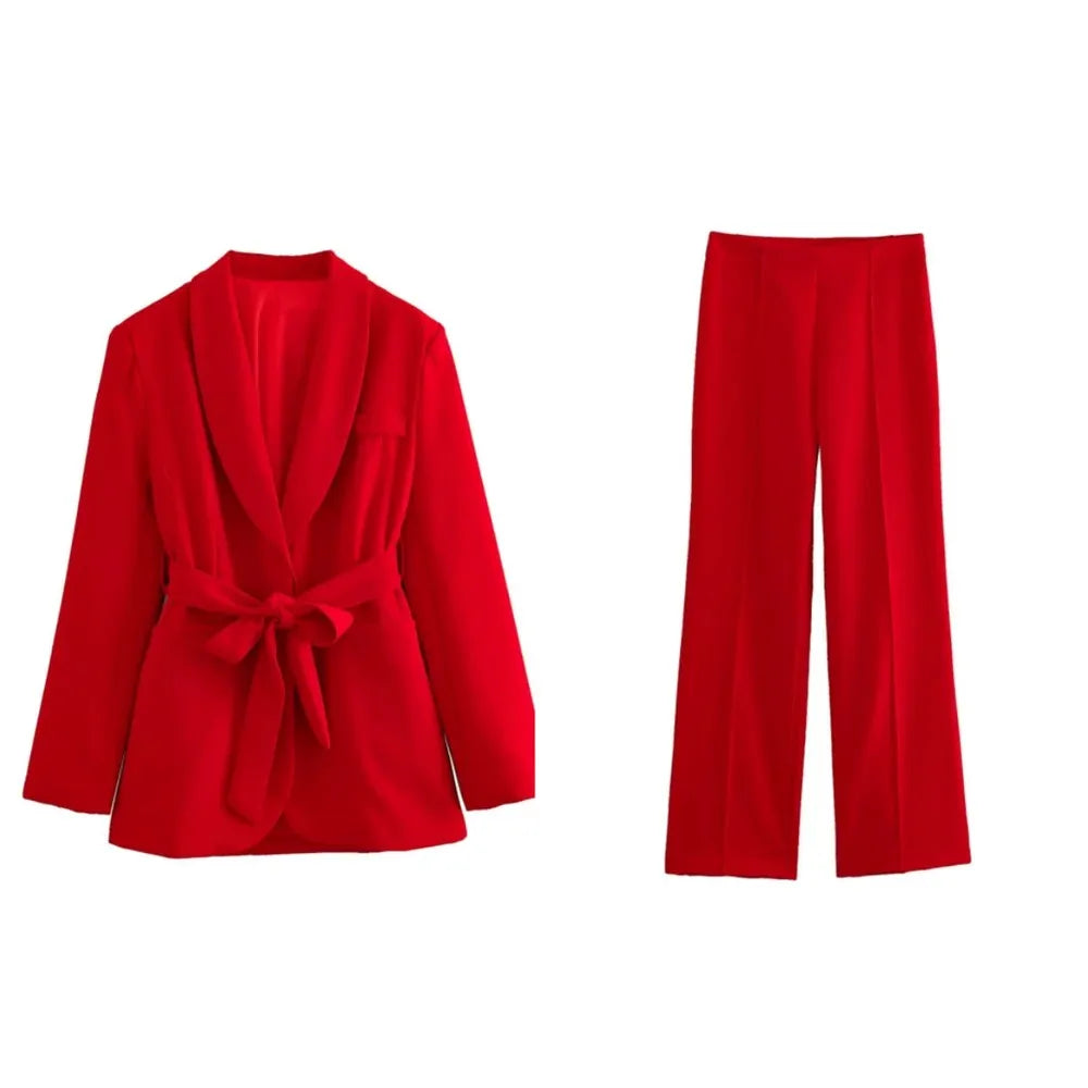 Conjunto de 2 piezas de blazer holgado y elegante para mujer, pantalón de cintura alta, color liso, informal, con cordones 