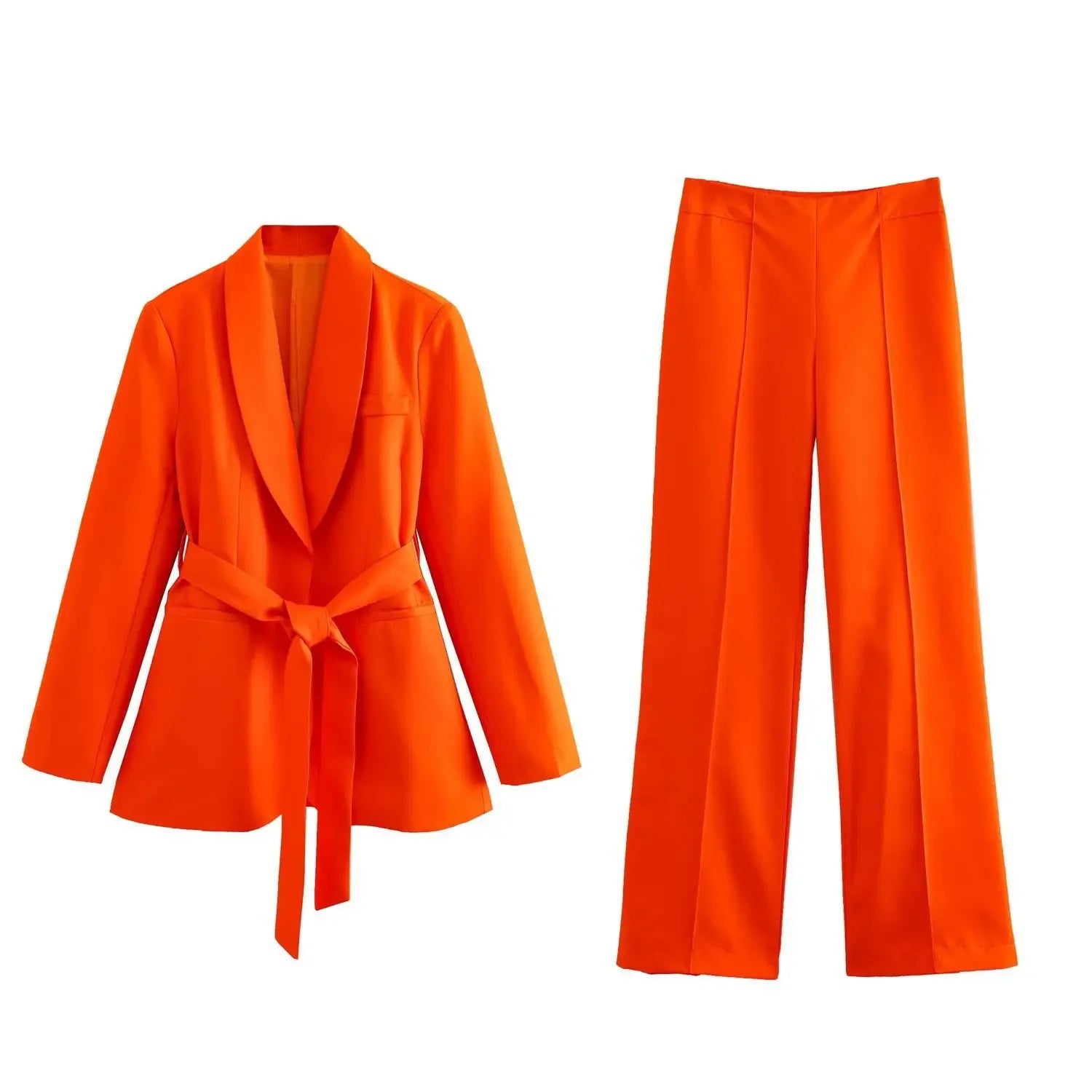 Conjunto de 2 piezas de blazer holgado y elegante para mujer, pantalón de cintura alta, color liso, informal, con cordones 