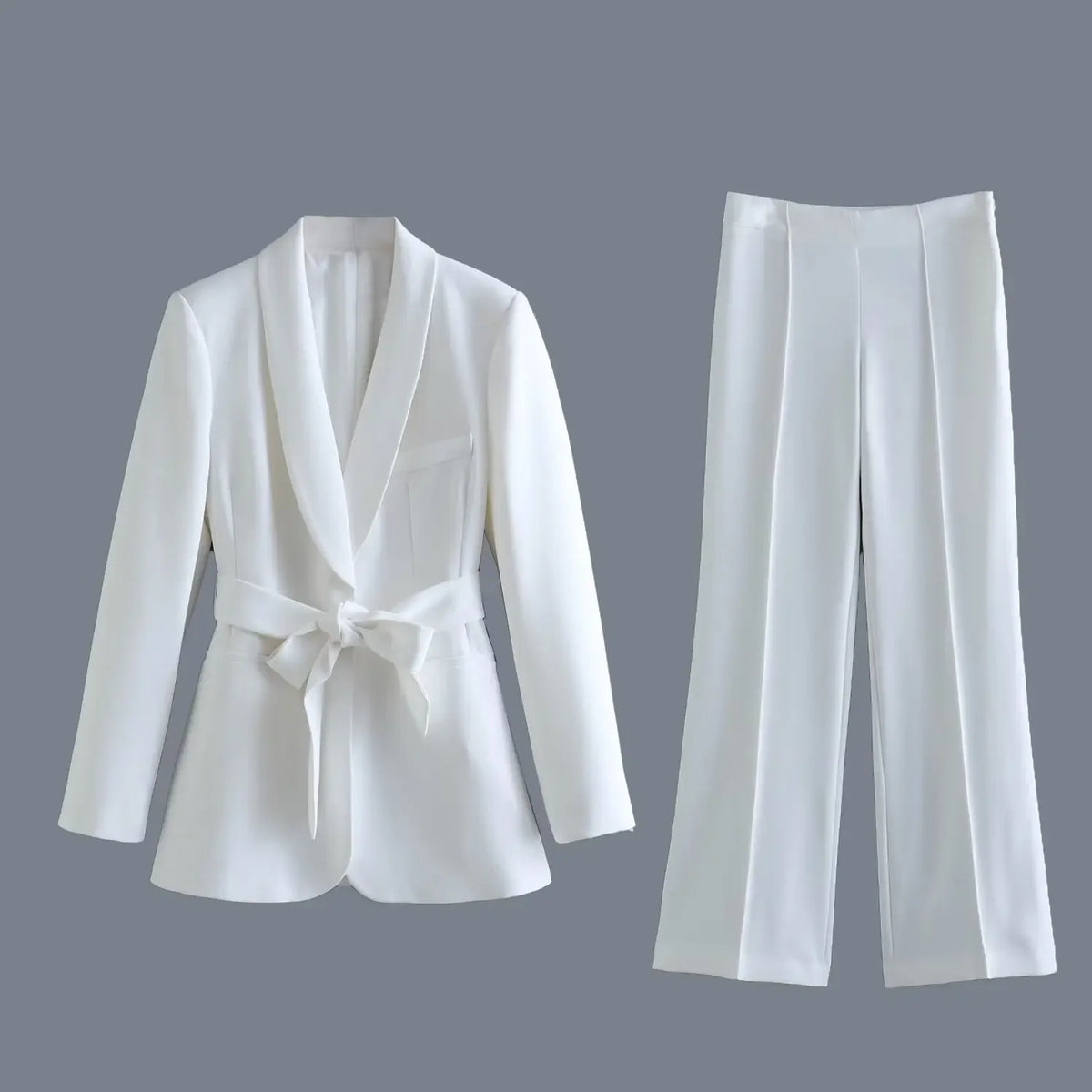 Conjunto de 2 piezas de blazer holgado y elegante para mujer, pantalón de cintura alta, color liso, informal, con cordones 