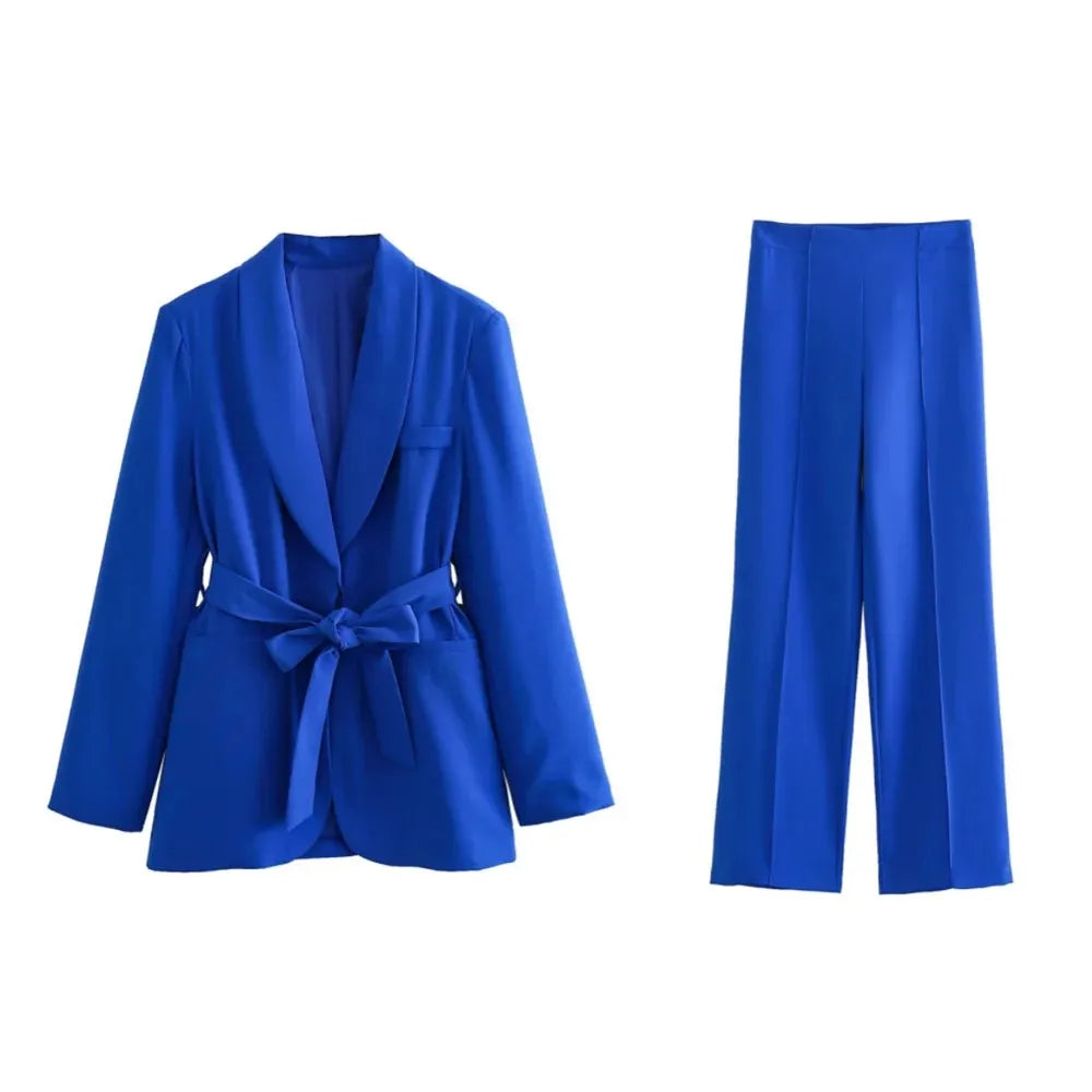 Conjunto de 2 piezas de blazer holgado y elegante para mujer, pantalón de cintura alta, color liso, informal, con cordones 