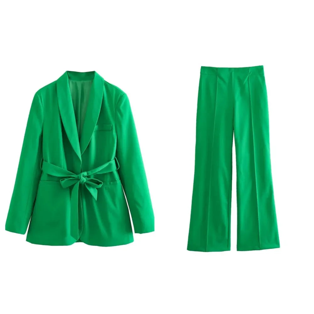 Conjunto de 2 piezas de blazer holgado y elegante para mujer, pantalón de cintura alta, color liso, informal, con cordones 