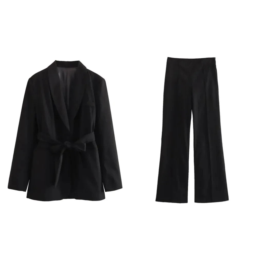 Conjunto de 2 piezas de blazer holgado y elegante para mujer, pantalón de cintura alta, color liso, informal, con cordones 