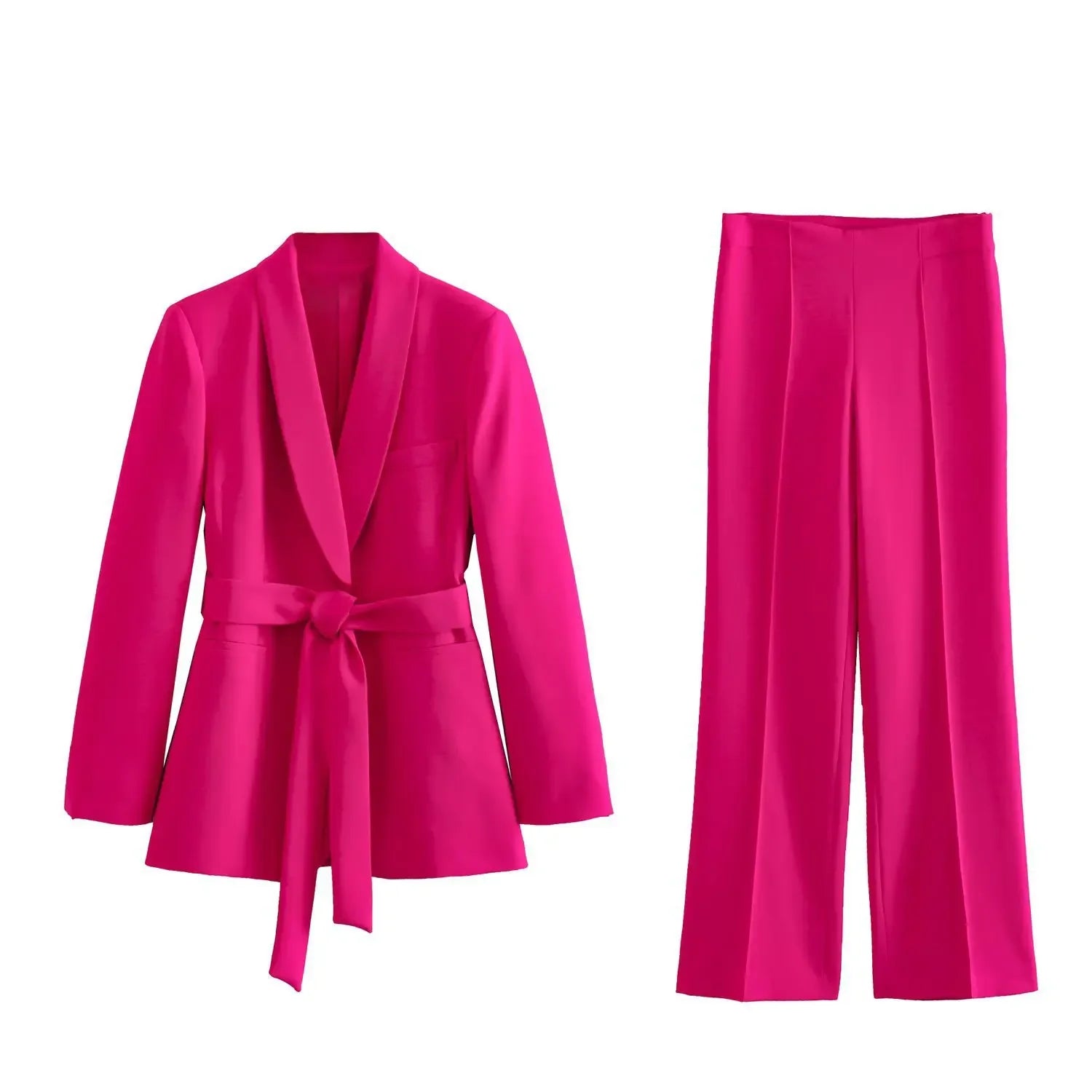 Conjunto de 2 piezas de blazer holgado y elegante para mujer, pantalón de cintura alta, color liso, informal, con cordones 