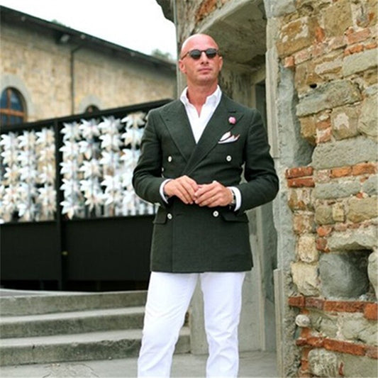 Green Men Suits With White Pant 2Pieces(Jacket+Pant+Tie) Terno Groom Custom Made Blazer