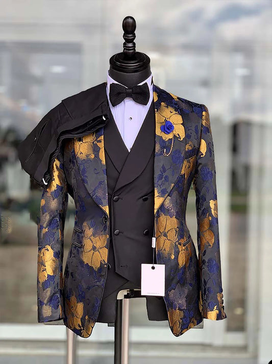 New Fashion Men's Wedding Suit Floral Print Painting Tuxedos Shawl Lapel Groom Wear Prom Party 3 Pcs Jacket Pants Vest Customize