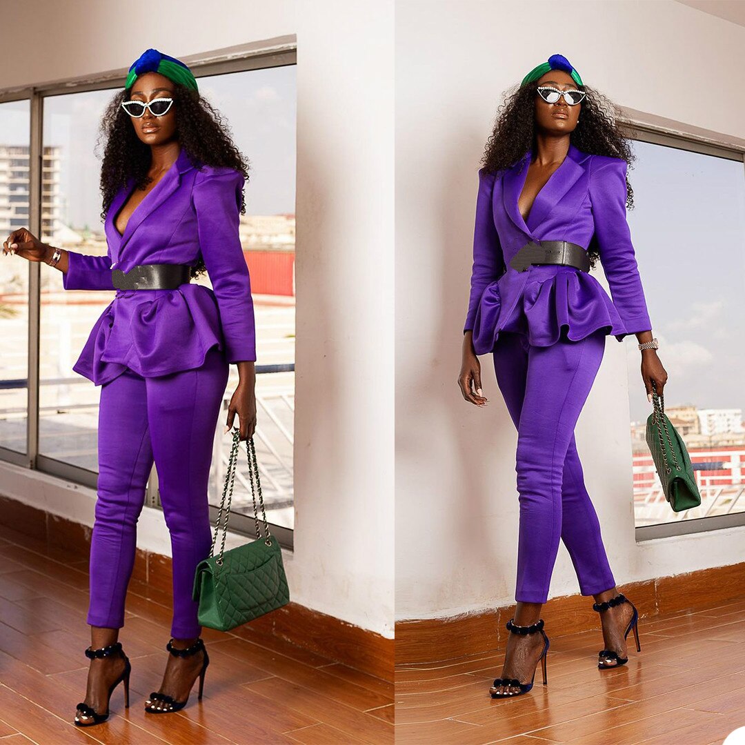 Costume violet pour femme, tenue de soirée, de bal, de célébrité, de loisirs, pour tapis rouge (veste + pantalon) 