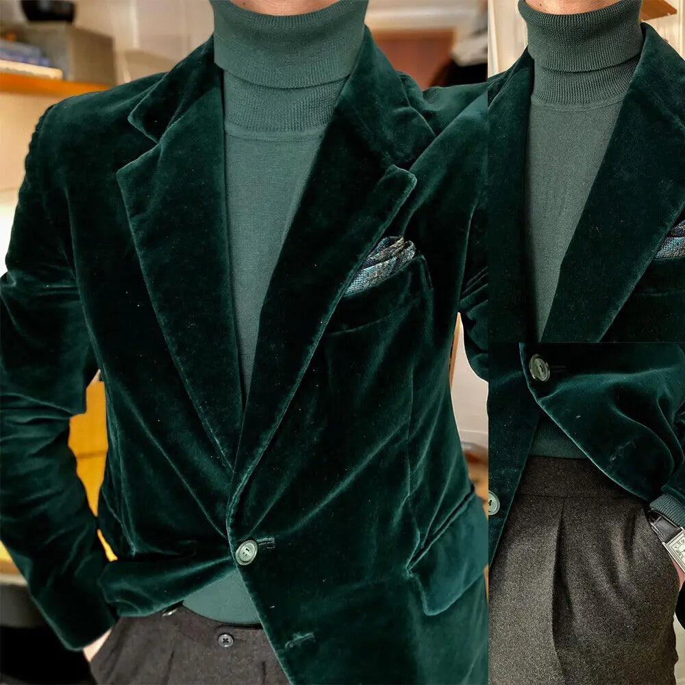 Blazer en velours vert pour homme, veste à revers cranté, un bouton, pour costume d'affaires décontracté, robe de mariée, veste pour soirée, bal de promo uniquement