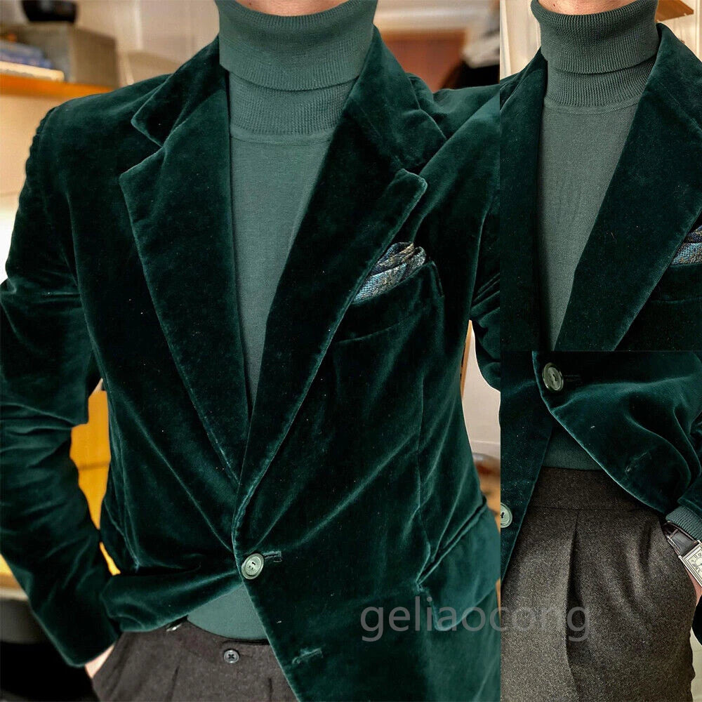Blazer en velours vert pour homme, veste à revers cranté, un bouton, pour costume d'affaires décontracté, robe de mariée, veste pour soirée, bal de promo uniquement